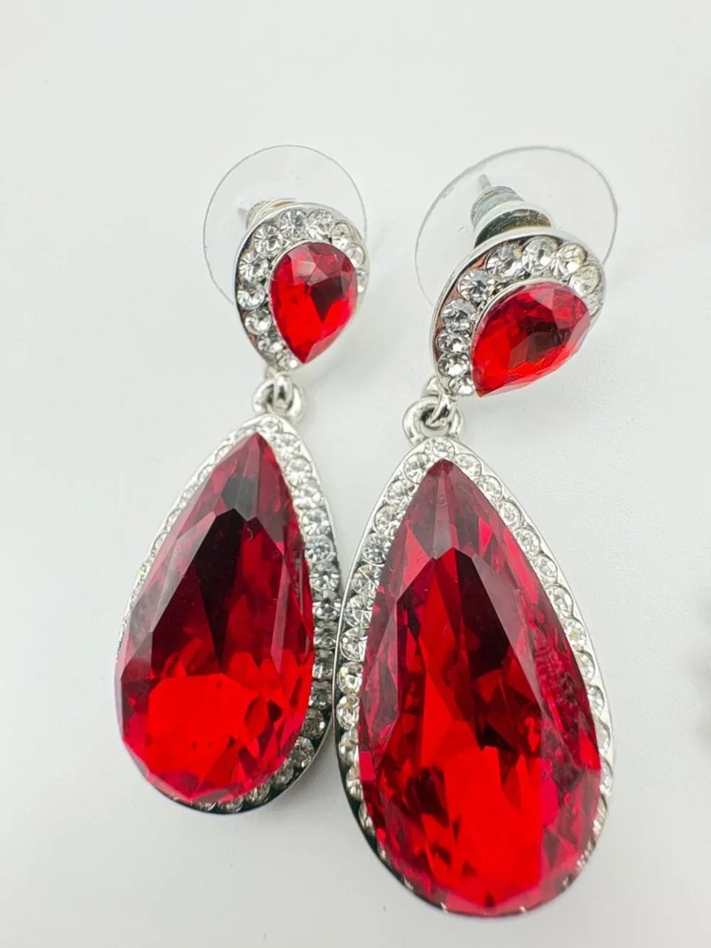 Lot of 2 Red Rhinestone Dangle Earrings Teardrop & Antique Style Mandala Drops